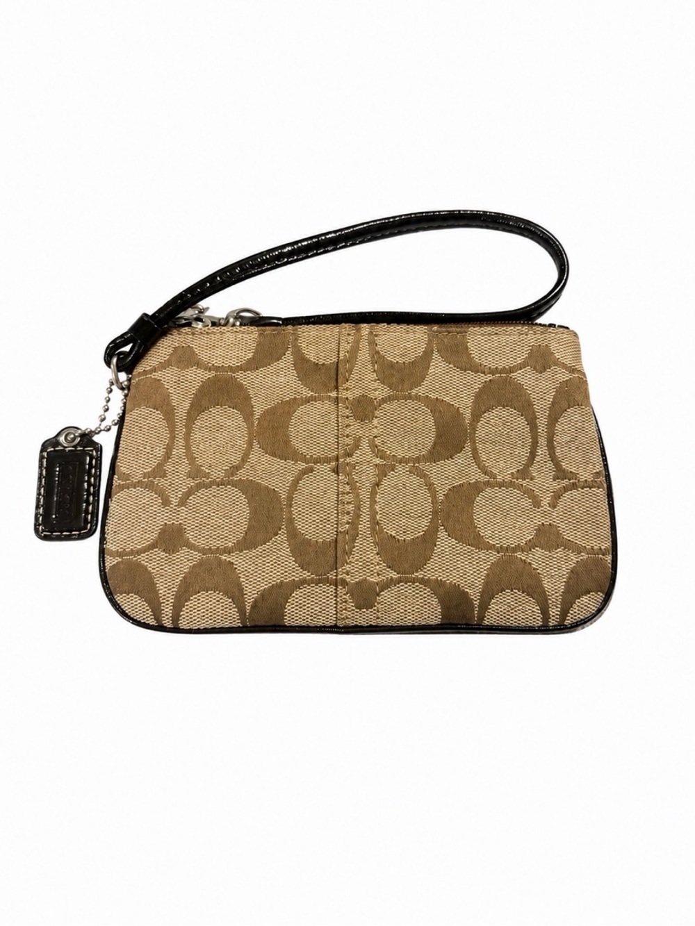 Coach Signature C Jacquard Wristlet Pouch Tan Brown Black Pink Interior